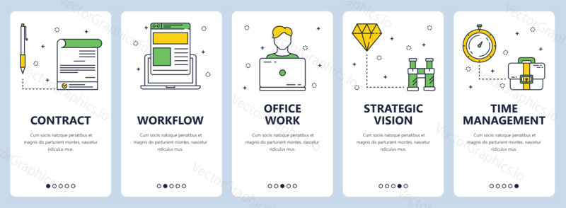 Vector set of vertical banners with Contract, Workflow, Office work, Strategic vision, Time management website templates. Modern thin line flat style design.
