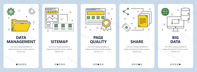 Vector set of vertical banners with Data management, Sitemap, Page quality, Share, Big data website templates. Modern thin line flat style design.