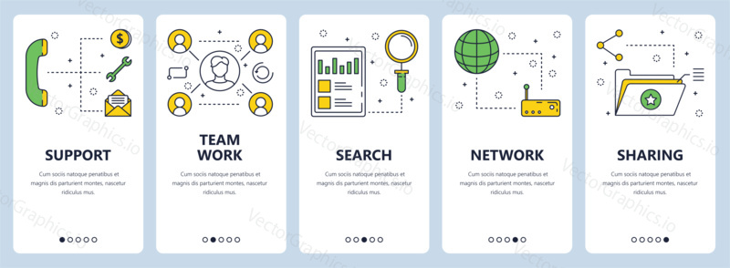 Vector set of vertical banners with Support, Team work, Search, Network, Sharing website templates. Modern thin line flat style design.