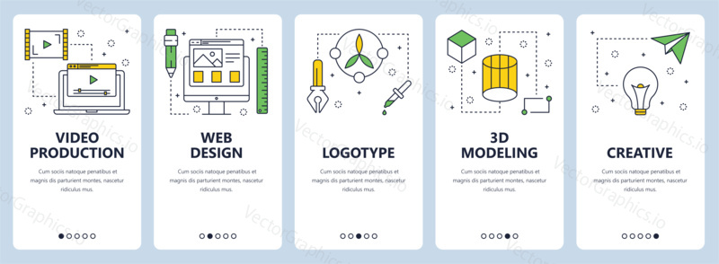 Vector set of vertical banners with Video production, Web design, Logotype, 3d modelling, Creative website templates. Modern thin line flat style design.