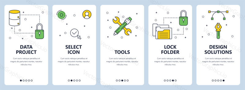 Vector set of vertical banners with Data project, Select icons, Tools, Lock folder, Design solutions website templates. Modern thin line flat style design.