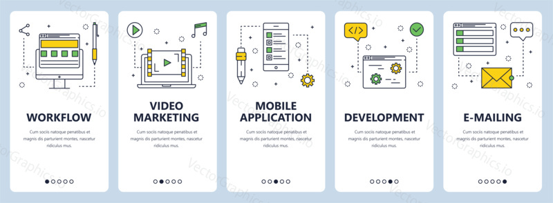 Vector set of vertical banners with Workflow, Video marketing, Mobile application, Development, E-mailing website templates. Modern thin line flat style design.