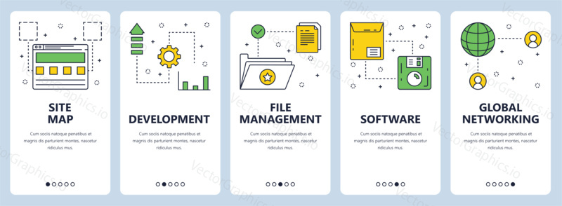 Vector set of vertical banners with Site map, Development, File management, Software, Global networking website templates. Modern thin line flat style design.