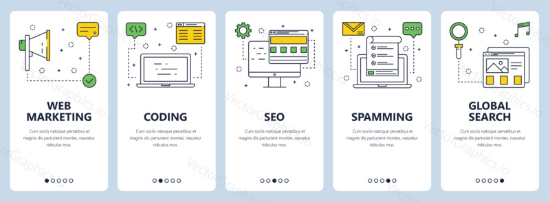 Vector set of vertical banners with Web marketing, Coding, SEO, Spamming, Global search website templates. Modern thin line flat style design.