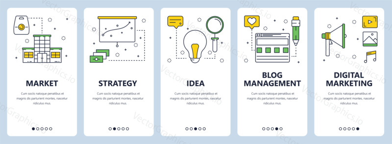 Vector set of vertical banners with Market, Strategy, Idea, Blog management, Digital marketing website templates. Modern thin line flat style design.