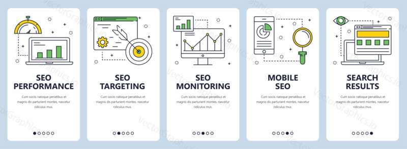 Vector set of vertical banners with SEO performance, SEO targeting, SEO monitoring, Mobile SEO and Search results website templates. Modern thin line flat style design.