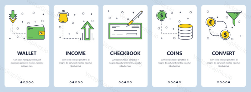 Vector set of vertical banners with Wallet, Income, Checkbook, Coins, Convert website templates. Modern thin line flat style design.