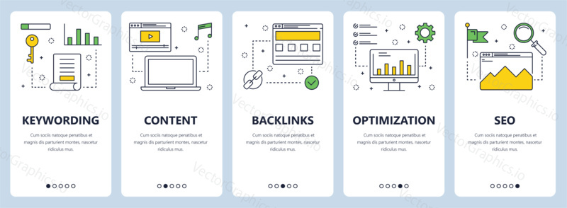 Vector set of vertical banners with Keywording, Content, Backlinks, Optimization, SEO website templates. Modern thin line flat style design.