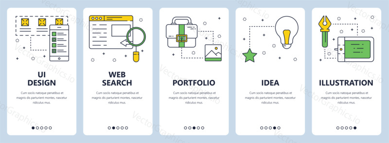 Vector set of vertical banners with UI design, Web search, Portfolio, Idea, Illustration website templates. Modern thin line flat style design.