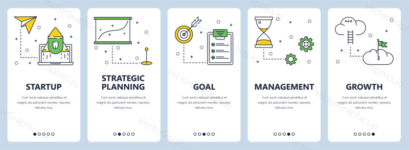 Vector set of vertical banners with Startup, Strategic planning, Goal, Management, Growth website templates. Modern thin line flat style design.