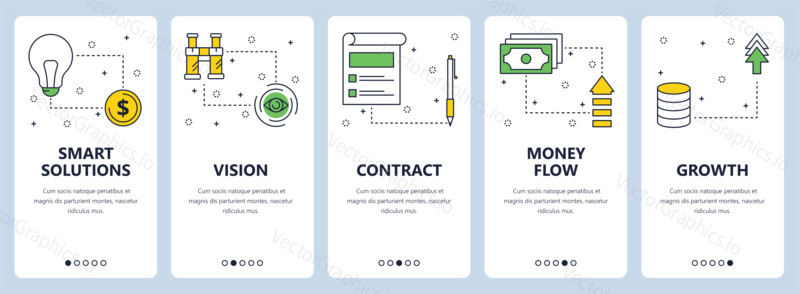 Vector set of vertical banners with Smart solutions, Vision, Contract, Money flow, Growth website templates. Modern thin line flat style design.