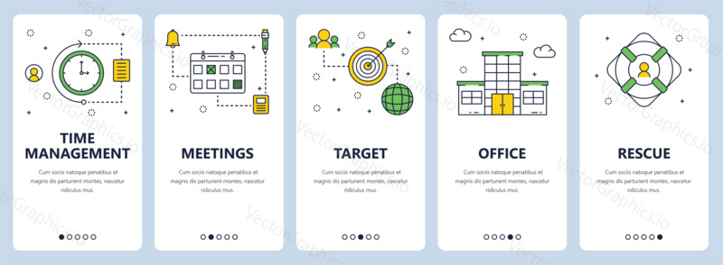 Vector set of vertical banners with Time management, Meetings, Target, Office, Rescue website templates. Modern thin line flat style design.
