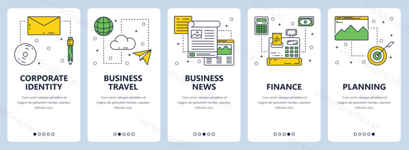 Vector set of vertical banners with Corporate identity, Business travel, Business news, Finance, Planning website templates. Modern thin line flat style design.