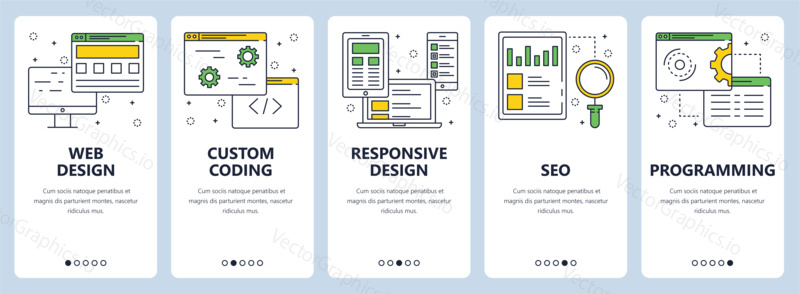 Vector set of vertical banners with Web design, Custom coding, Responsive design, SEO, Programming website templates. Modern thin line flat style design.