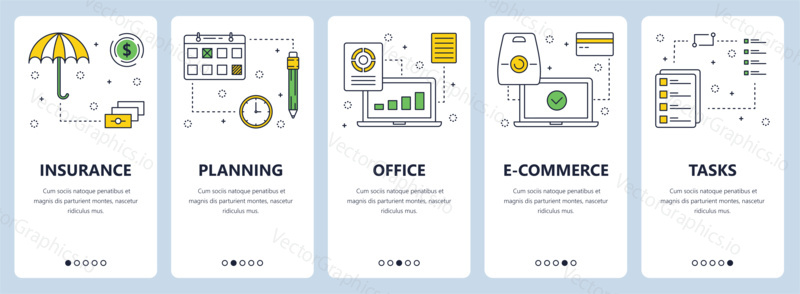 Vector set of vertical banners with Insurance, Planning, Office, E-commerce, Tasks website templates. Modern thin line flat style design.