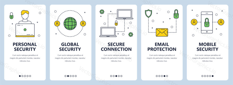 Vector set of vertical banners with Personal security, Global security, Secure connection, Email protection, Mobile security website templates. Modern thin line flat style design.