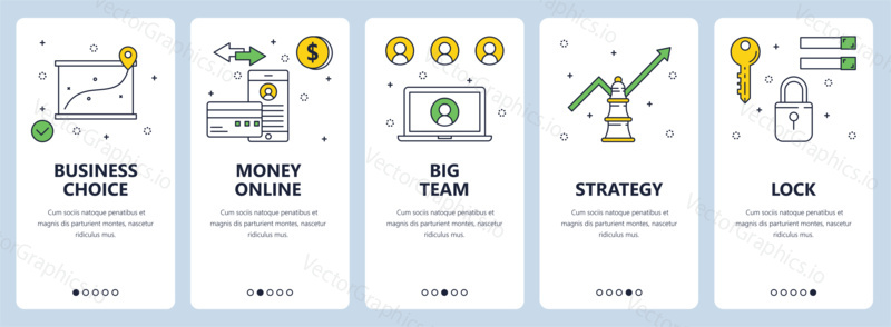 Vector set of vertical banners with Business choice, Money online, Big team, Strategy, Lock website templates. Modern thin line flat style design.