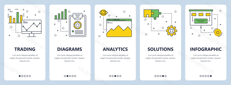Vector set of market vertical banners. Trading, Diagrams, Analytics, Solutions, Infographic website templates. Modern thin line flat style design.