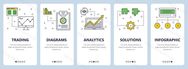Vector set of vertical banners with Trading, Diagrams, Analytics, Solutions, Infographic website templates. Modern thin line flat style design.