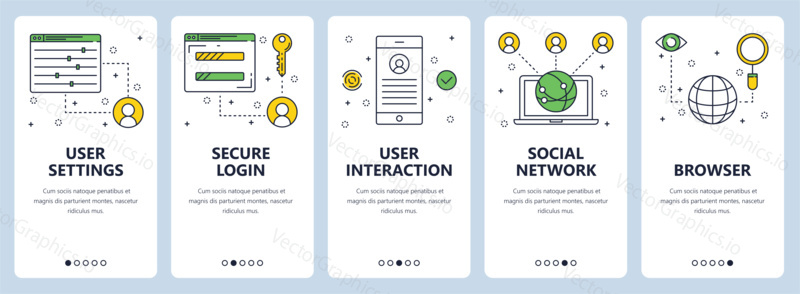 Vector set of vertical banners with User settings, Secure login, User interaction, Social network, Browser website templates. Modern thin line flat style design.