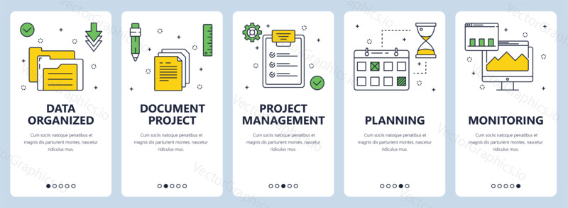 Vector set of vertical banners with Data organized, Document project, Project management, Planning, Monitoring website templates. Modern thin line flat style design.