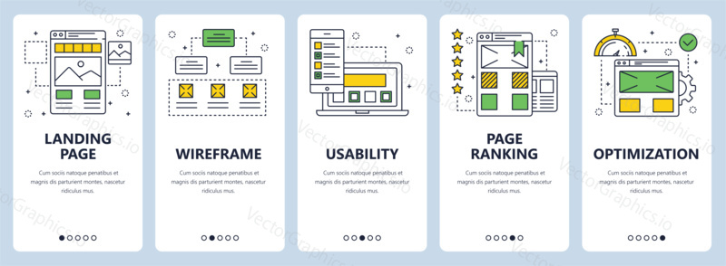 Vector set of vertical banners with Landing page, Wireframe, Usability, Page ranking, Optimization website templates. Modern thin line flat style design.