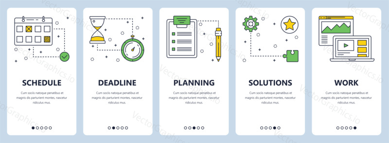 Vector set of vertical banners with Schedule, Deadline, Planning, Solutions, Work website templates. Modern thin line flat style design.