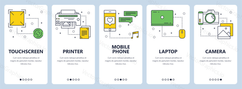 Vector set of vertical banners with Touchscreen, Printer, Mobile phone, Laptop, Camera website templates. Modern thin line flat style design.