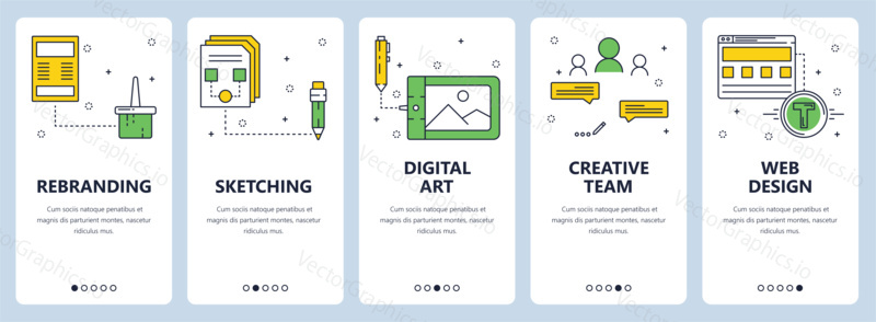 Vector set of vertical banners with Rebranding, Sketching, Digital art, Creative team, Web design website templates. Modern thin line flat style design.