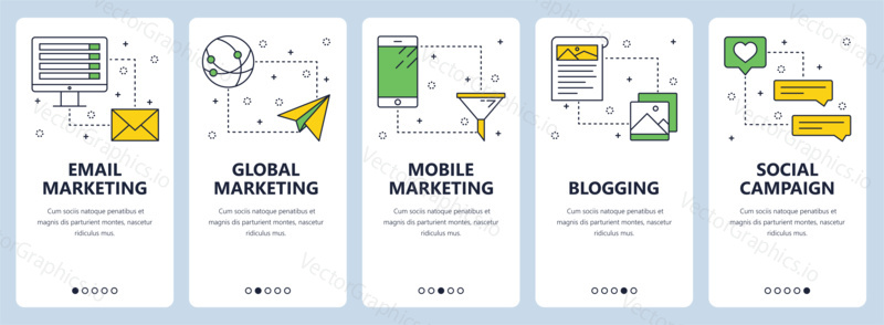 Vector set of vertical banners with email marketing, Global marketing, Mobile marketing, Blogging, Social campaign website templates. Modern thin line flat style design.