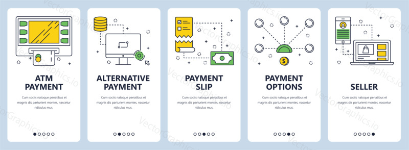 Vector set of vertical banners with ATM payment, Alternative payment, Payment slip, Payment options, Seller website templates. Modern thin line flat style design.