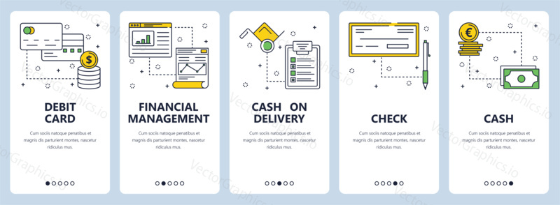 Vector set of vertical banners with Debit card, Financial management, Cash on delivery, Check, Cash website templates. Modern thin line flat style design.
