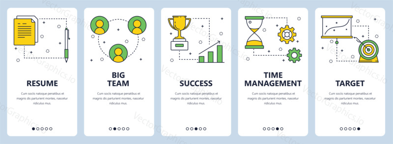 Vector set of vertical banners with Resume, Big team, Success, Time management, Target website templates. Modern thin line flat style design.