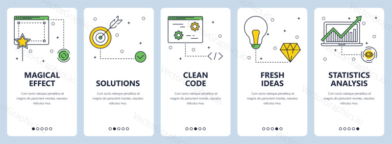 Vector set of vertical banners with Magical effect, Solutions, Clean code, Fresh ideas, Statistics analysis website templates. Modern thin line flat style design.