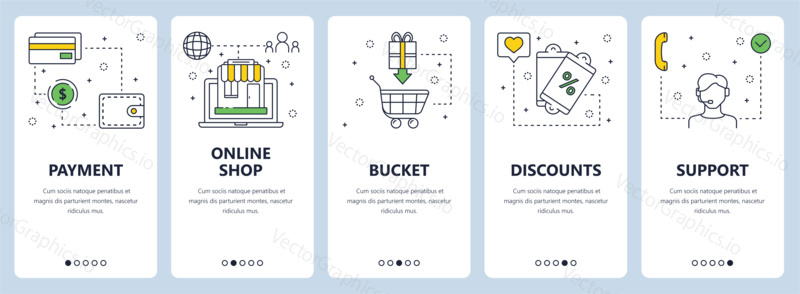 Vector set of vertical banners with Payment, Online shop, Bucket, Discounts, Support website templates. Modern thin line flat style design.