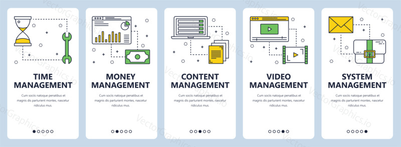 Vector set of vertical banners with Time management, Money management, Content, Video and System management website templates. Modern thin line flat style design.