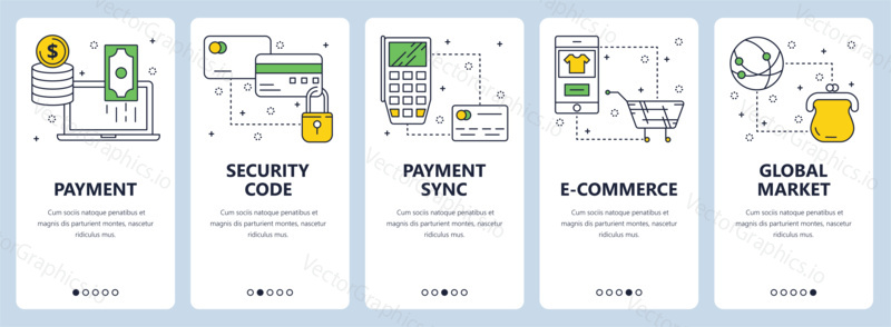 Vector set of vertical banners with Payment, Security code, Payment sync, e-commerce, Global market website templates. Modern thin line flat style design.