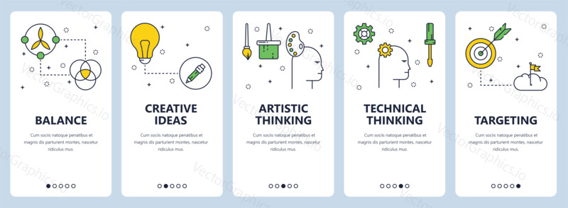 Vector set of vertical banners with Balance, Creative ideas, Artistic thinking, Technical thinking, Targeting website templates. Modern thin line flat style design.
