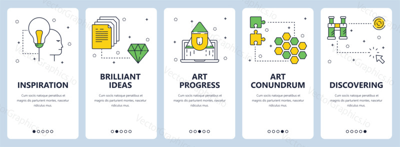 Vector set of vertical banners with Inspiration, Brilliant ideas, Art progress, Art conundrum, Discovering website templates. Modern thin line flat style design.