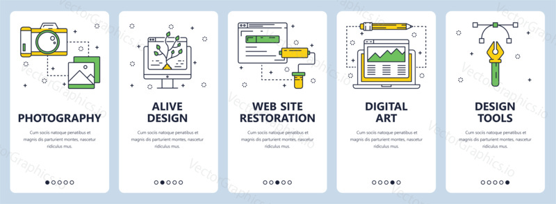 Vector set of vertical banners with Photography, Alive design, Web site restoration, Digital art, Design tools website templates. Modern thin line flat style design.