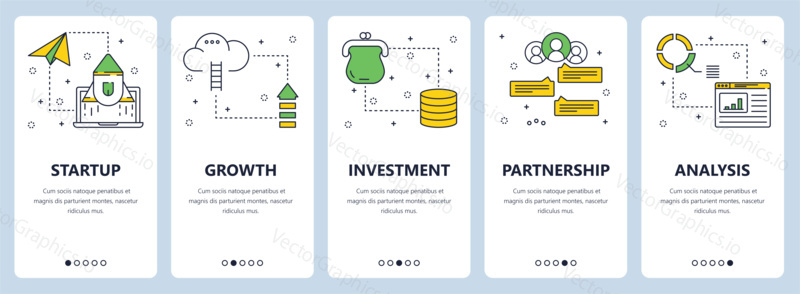 Vector set of vertical banners with Startup, Growth, Investment, Partnership, Analysis website templates. Modern thin line flat style design.