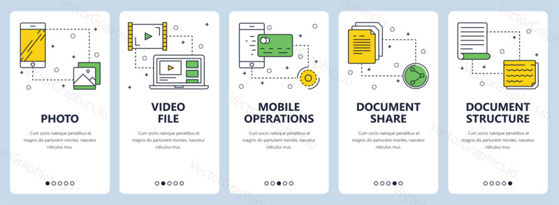 Vector set of vertical banners with Photo, Video file, Mobile operations, Document share, Document structure website templates. Modern thin line flat style design.