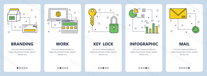 Vector set of vertical banners with Branding, Work, Key lock, Infographic, Mail website templates. Modern thin line flat style design.