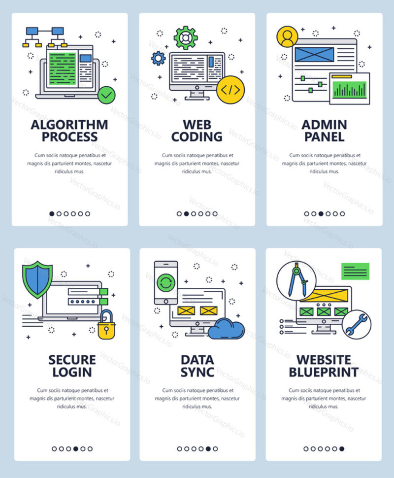 Vector set of mobile app onboarding screens. Algorithm process, Web coding, Admin panel, Secure login, Data sync, Website blueprint web templates and banners. Thin line art style design icons.