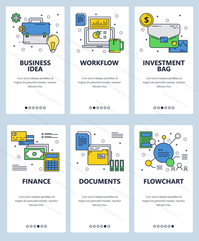 Vector set of mobile app onboarding screens. Business idea, Workflow, Investment bag, Finance, Documents, Flowchart web templates and banners. Thin line art style design icons for website menu.