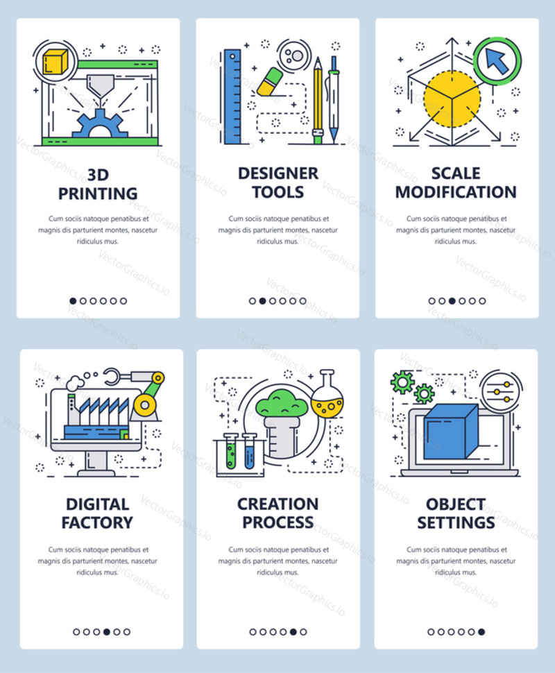 Vector web site linear art onboarding screens template. 3D printing and designer tools. Menu banners for website and mobile app development. Modern design flat illustration