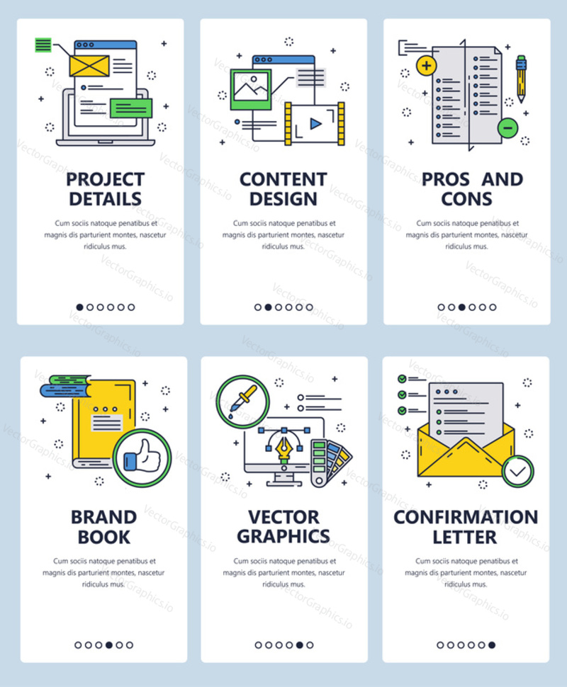 Vector set of mobile app onboarding screens. Project details, Content design, Pros and Cons, Brand book, Vector graphics, Confirmation letter web templates, banners. Thin line art style design icons.