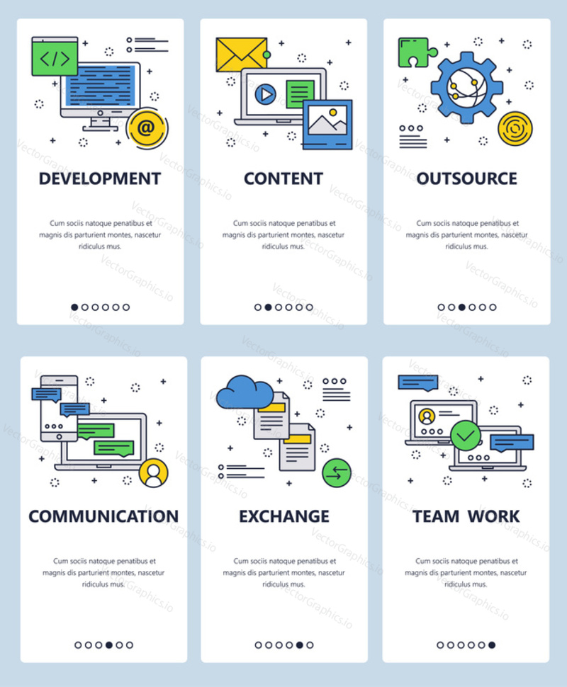 Vector set of mobile app onboarding screens. Development, Content, Outsource, Communication, Exchange, Teamwork web templates and banners. Thin line art style design icons for website menu.