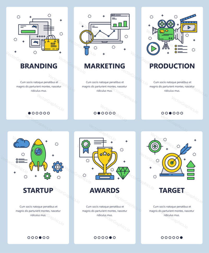 Vector set of mobile app onboarding screens. Branding, Marketing, Production, Startup, Awards, Target web templates and banners. Thin line art style design icons for website menu.