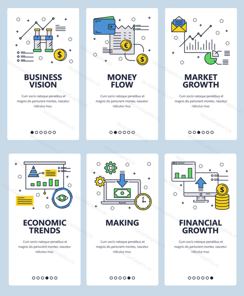 Vector set of mobile app onboarding screens. Business vision, Money flow, Market growth, Economic trends, Making, Financial growth web templates and banners. Thin line art style design icons.